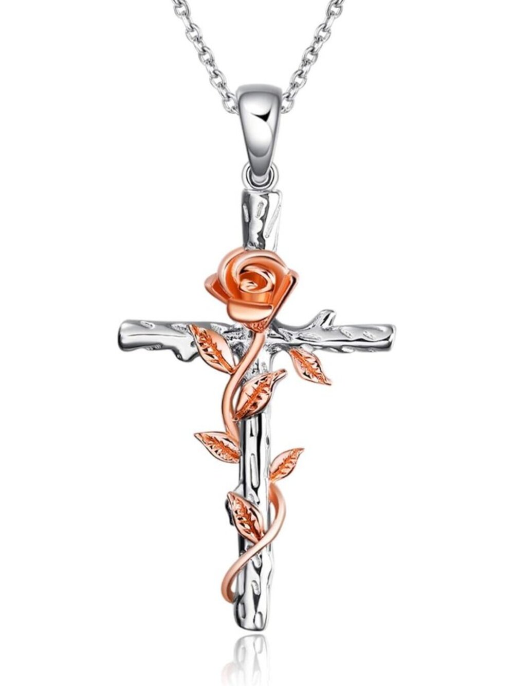 Sterling Silver Cross Necklace with Birth Flower Pendant - Religious Jewelry